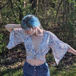 Boho Bell Sleeve Colorful Crop Top With Wrap Tie